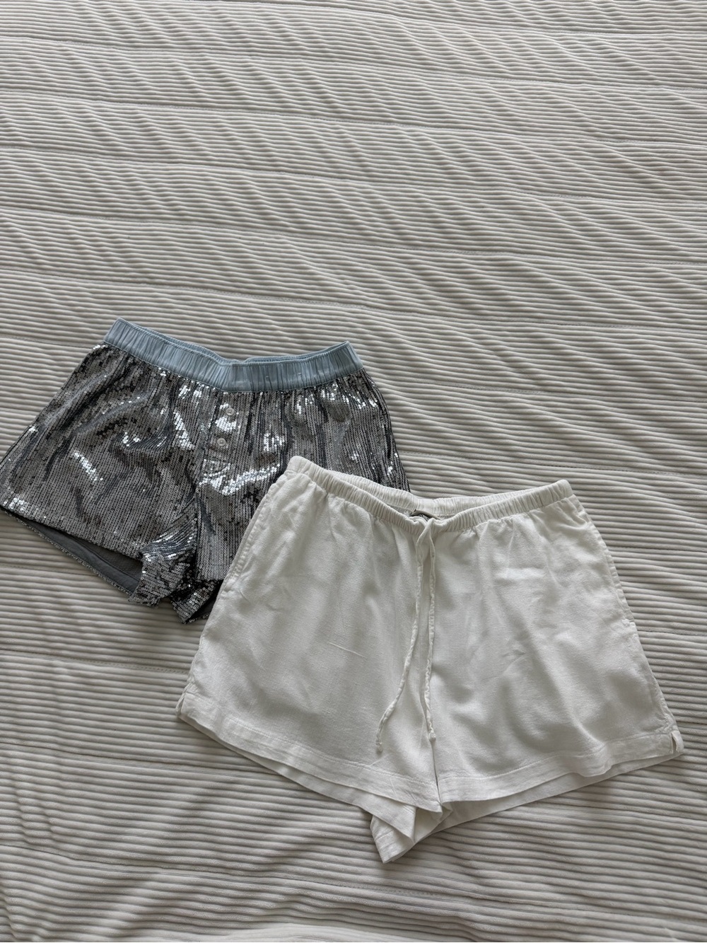 White Drawstring Shorts & Silver Sequin Party Shorts